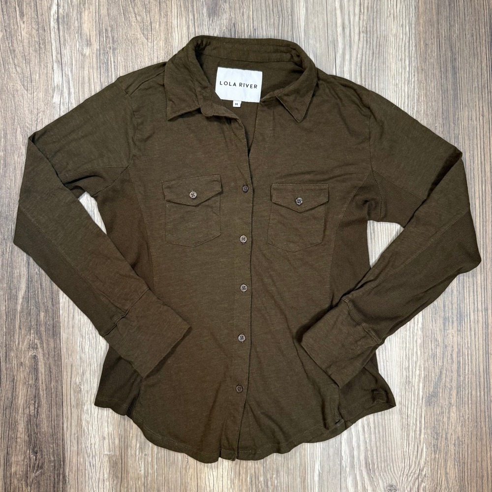 Lola River Mixed Media Ribbed Panel 100% Cotton Button Down Shirt Olive Brown M